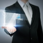 business and finances - businessman hand showing raising chart on virtual screen