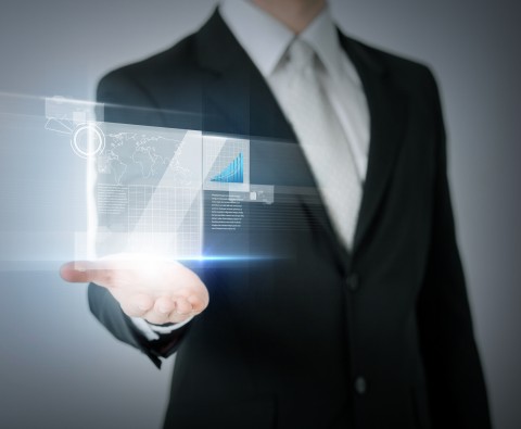 business and finances - businessman hand showing raising chart on virtual screen